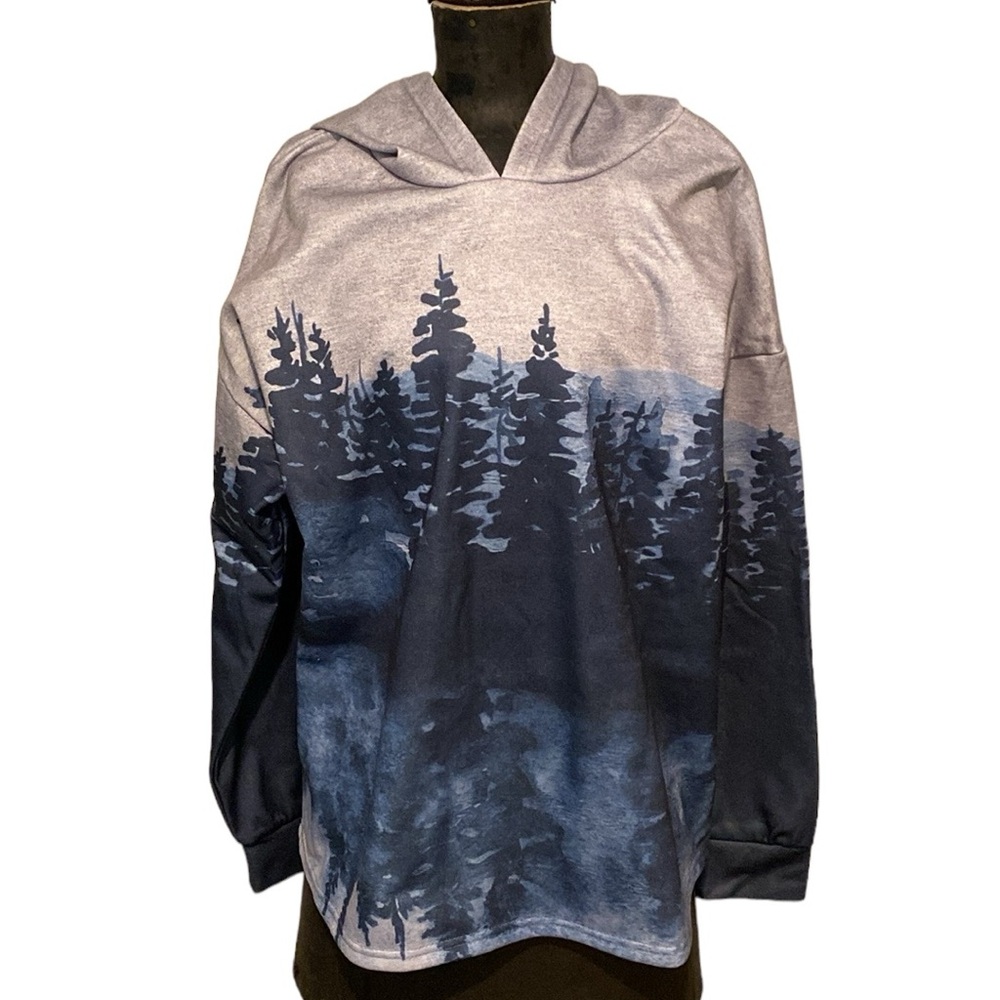 NWOT Watercolor Artistic Tree Cabin Scene Hooded Sweatshirt